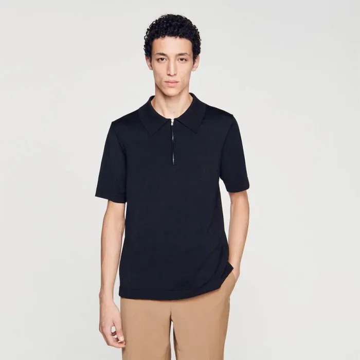 Tshirts and Polos Men SANDRO Knitted Polo Shirt With Zip Collar Black