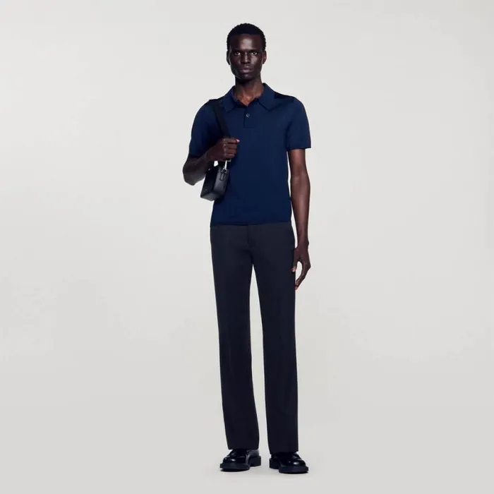 Tshirts and Polos Men SANDRO Shortsleeve Knitted Polo Shirt Navy Blue