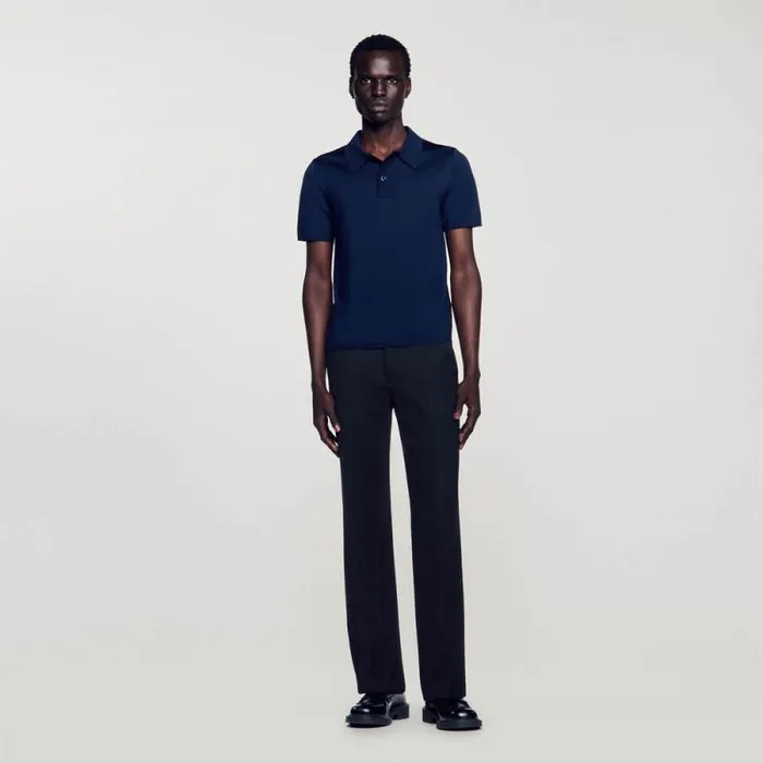 Tshirts and Polos Men SANDRO Shortsleeve Knitted Polo Shirt Navy Blue