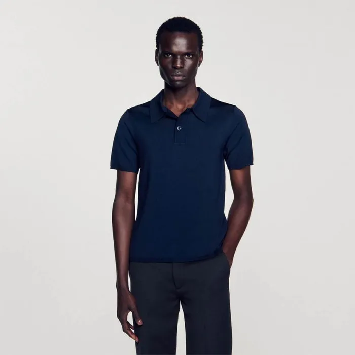 Tshirts and Polos Men SANDRO Shortsleeve Knitted Polo Shirt Navy Blue