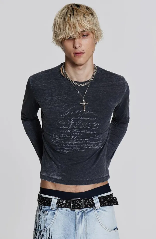 TShirts Men Jaded London Burnout Script Long Sleeve Tee