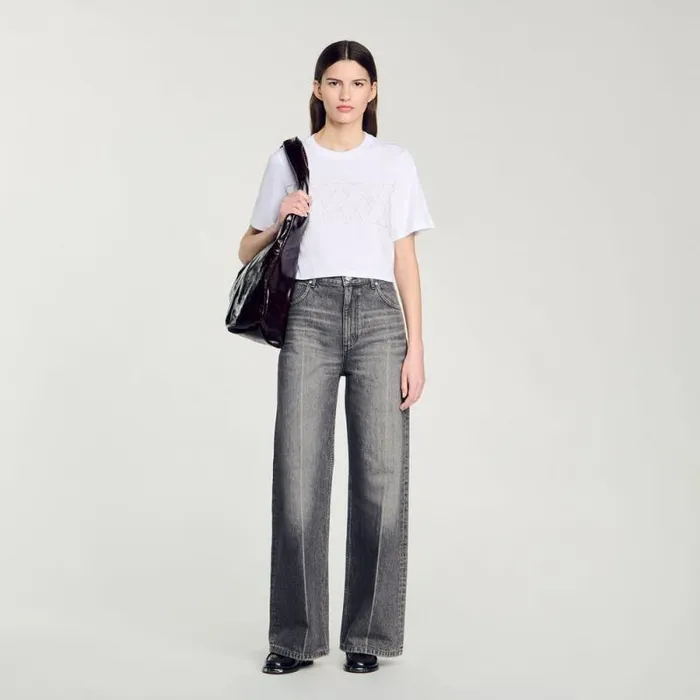 Tshirts Women SANDRO Rhinestone Cropped TShirt White