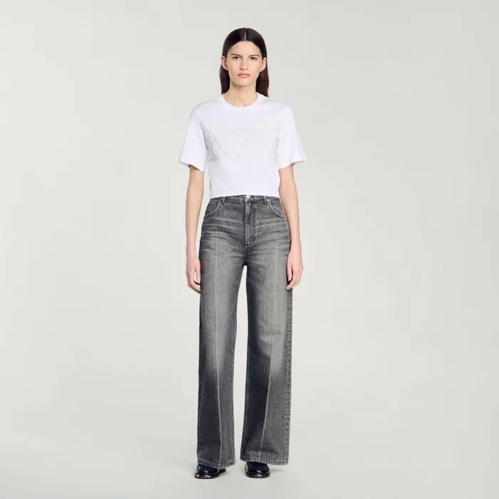 Tshirts Women SANDRO Rhinestone Cropped TShirt White