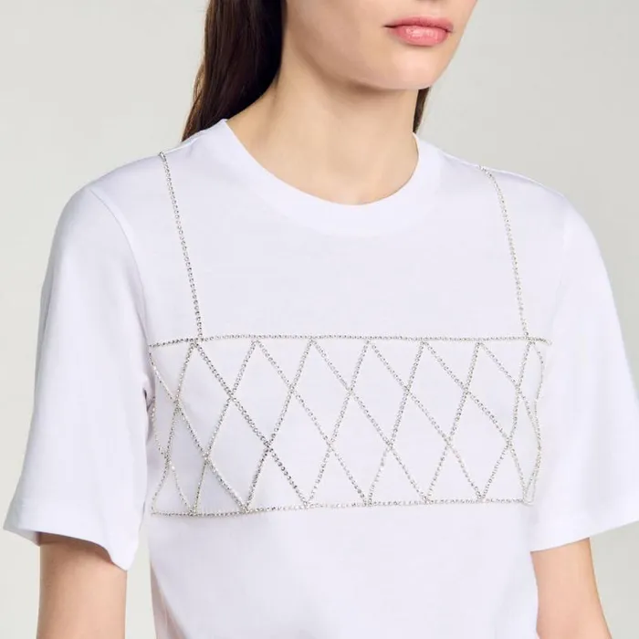 Tshirts Women SANDRO Rhinestone Cropped TShirt White