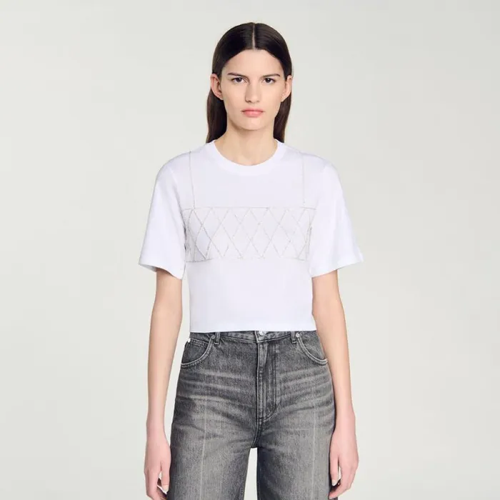 Tshirts Women SANDRO Rhinestone Cropped TShirt White