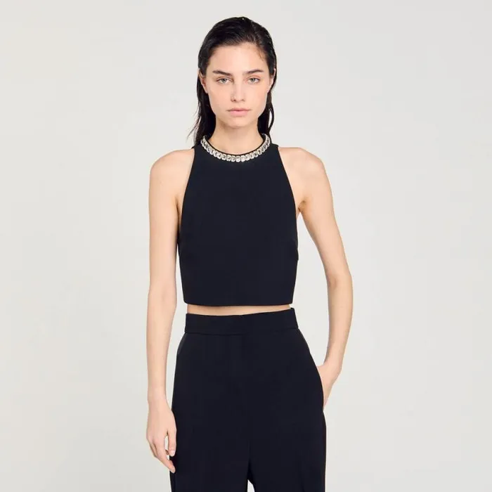 Tops and Shirts Women SANDRO Rhinestone Crop Tank Black
