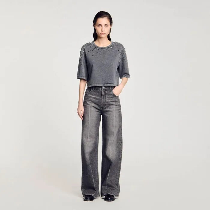 Tops and Shirts Women SANDRO Rhinestone Cropped Tshirt Grey
