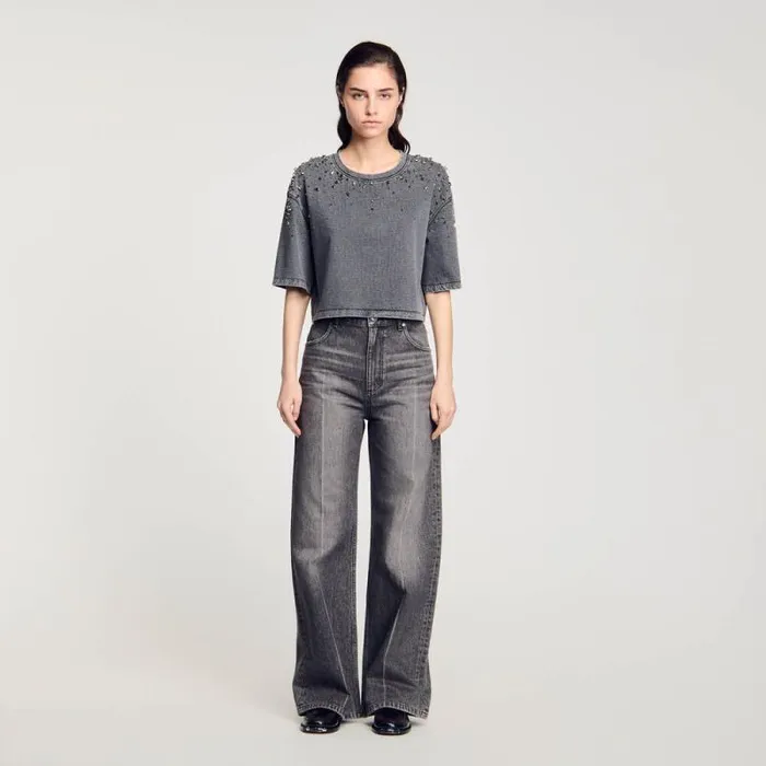 Tops and Shirts Women SANDRO Rhinestone Cropped Tshirt Grey