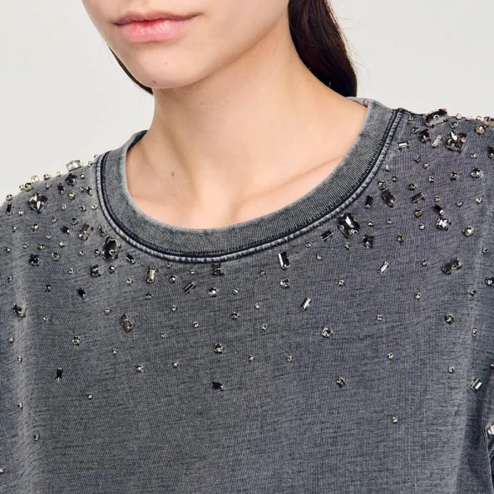 Tops and Shirts Women SANDRO Rhinestone Cropped Tshirt Grey