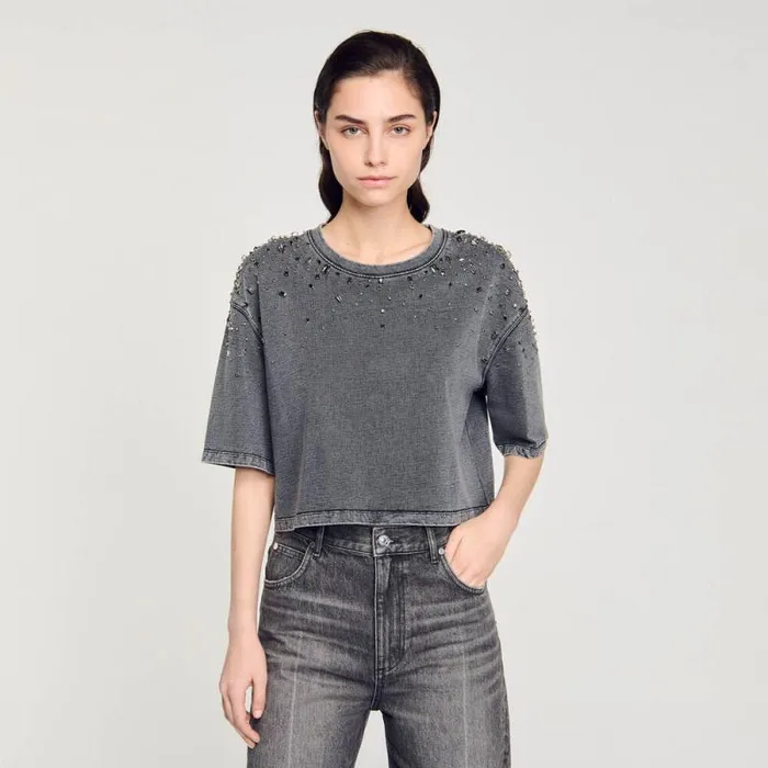 Tops and Shirts Women SANDRO Rhinestone Cropped Tshirt Grey
