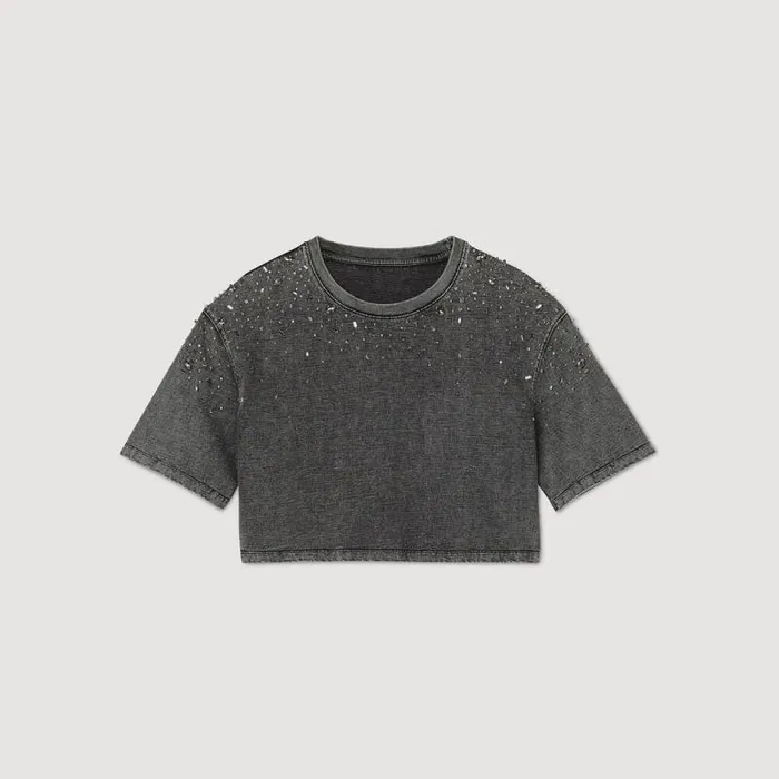 Tops and Shirts Women SANDRO Rhinestone Cropped Tshirt Grey