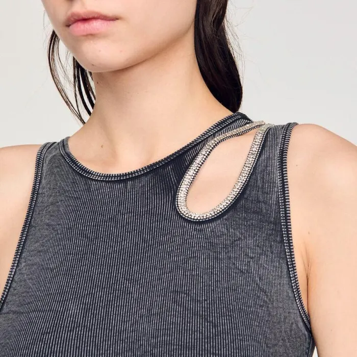 Tops and Shirts Women SANDRO Rhinestone Oneshoulder Bodysuit Grey