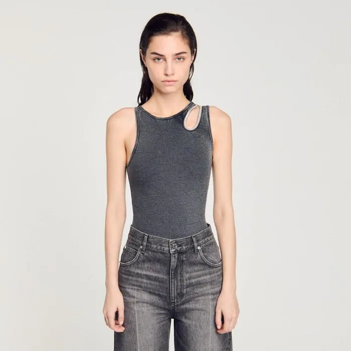 Tops and Shirts Women SANDRO Rhinestone Oneshoulder Bodysuit Grey