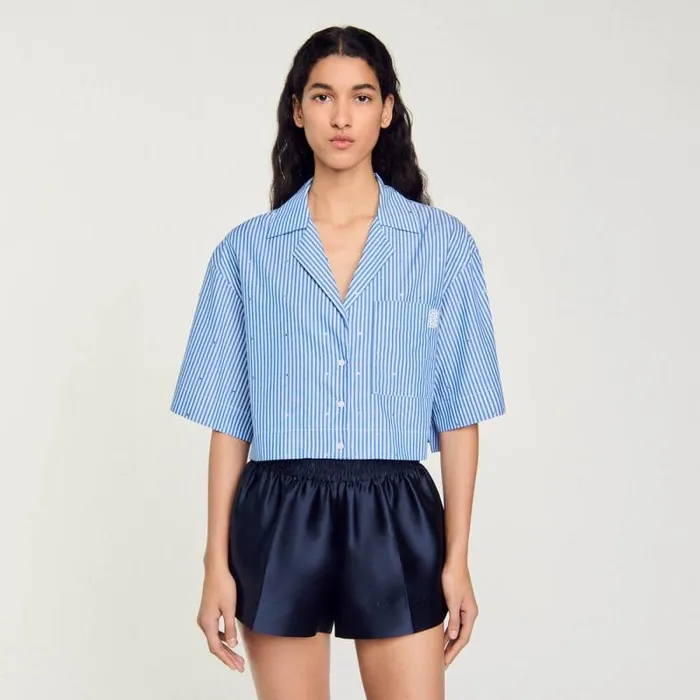 Tops and Shirts Women SANDRO Shortsleeved Rhinestone Shirt Blue