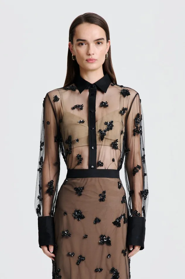 Tops Women Scanlan Theodore BEADED TULLE SHIRT BLACK