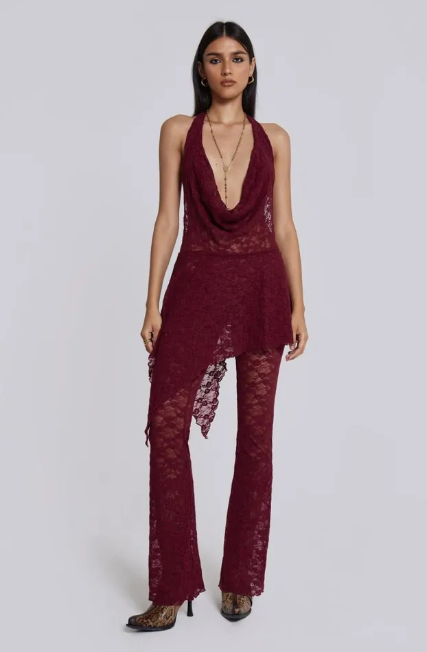 Trousers Women Jaded London Burgundy Riva Lace Coord Set