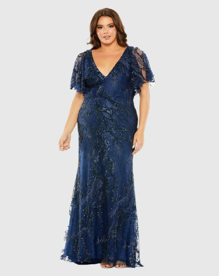 V Neck Flutter Sleeve Embellished Gown Plus Midnight Women Plus Size Dresses Mac Duggal