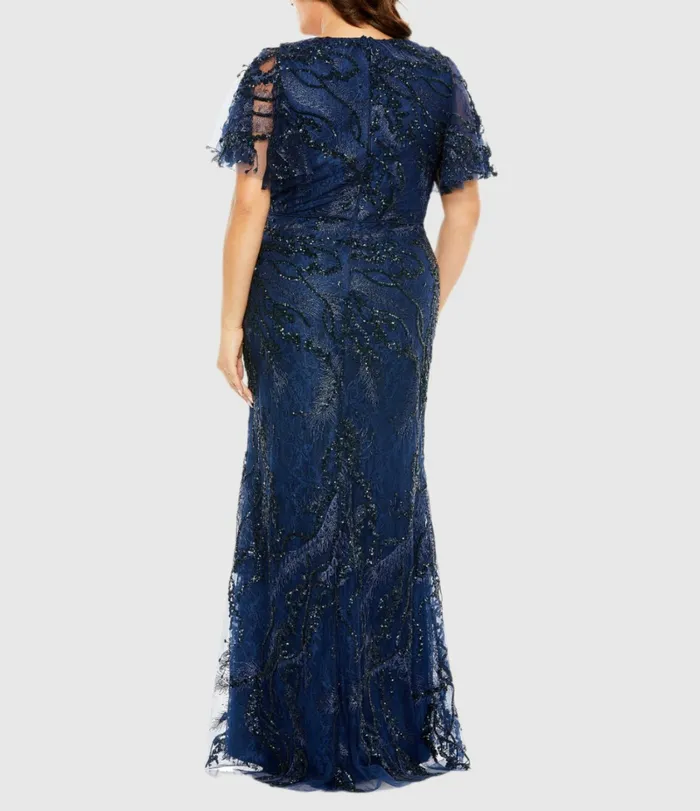 V Neck Flutter Sleeve Embellished Gown Plus Midnight Women Plus Size Dresses Mac Duggal