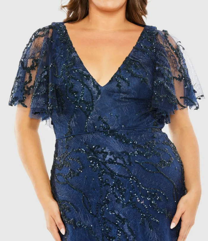 V Neck Flutter Sleeve Embellished Gown Plus Midnight Women Plus Size Dresses Mac Duggal