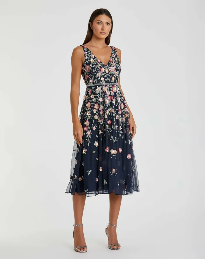 Vneck Sleeveless Midi Floral Beaded Aline Dress Midnight Multi Cocktail Dresses Mac Duggal Women Vneck Sleeveless Midi Floral Beaded Aline Dress Midnight Multi Cocktail Dresses Mac Duggal Women