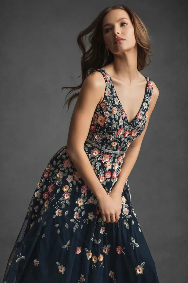 Vneck Sleeveless Midi Floral Beaded Aline Dress Midnight Multi Cocktail Dresses Mac Duggal Women