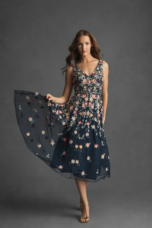 Vneck Sleeveless Midi Floral Beaded Aline Dress Midnight Multi Cocktail Dresses Mac Duggal Women