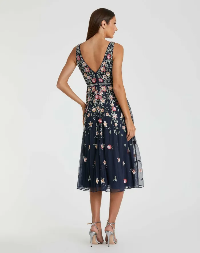Vneck Sleeveless Midi Floral Beaded Aline Dress Midnight Multi Cocktail Dresses Mac Duggal Women