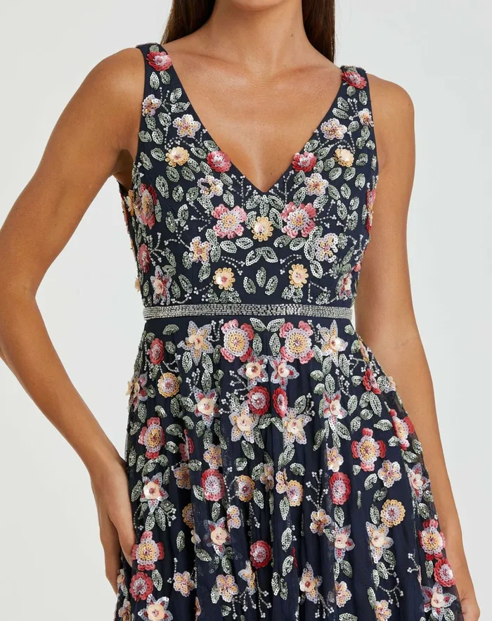 Vneck Sleeveless Midi Floral Beaded Aline Dress Midnight Multi Cocktail Dresses Mac Duggal Women