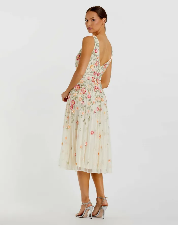 Vneck Sleeveless Midi Floral Beaded Aline Dress Midnight Multi Cocktail Dresses Mac Duggal Women