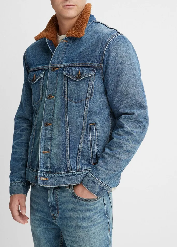 Vince Jackets and Outerwear Men Denim Sherpa Trucker Jacket Mojave Wash