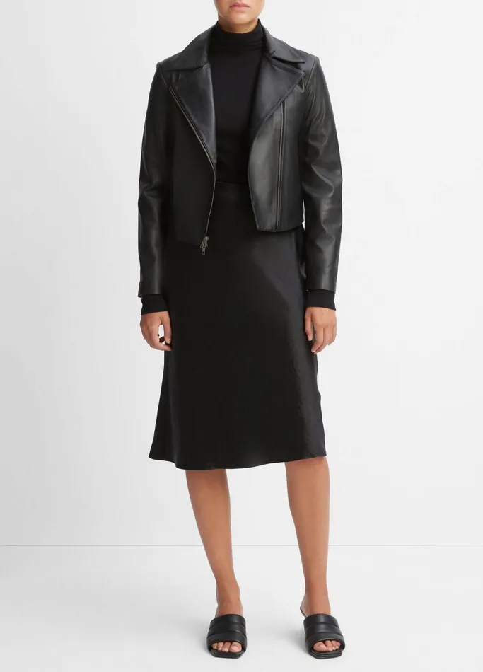 Vince Jackets and Outerwear Women Leather CrossFront Moto Jacket Black