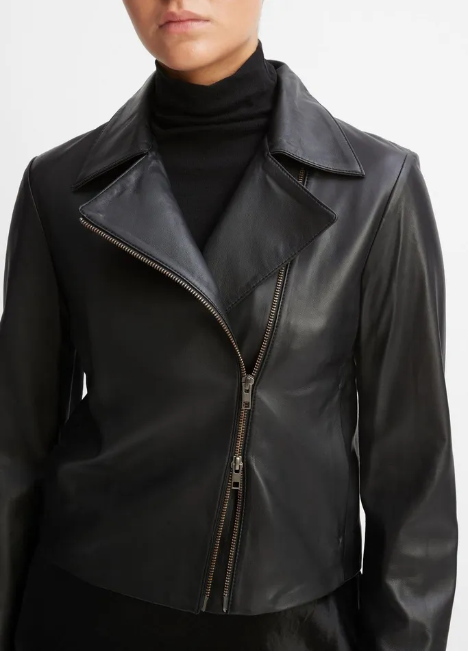 Vince Jackets and Outerwear Women Leather CrossFront Moto Jacket Black
