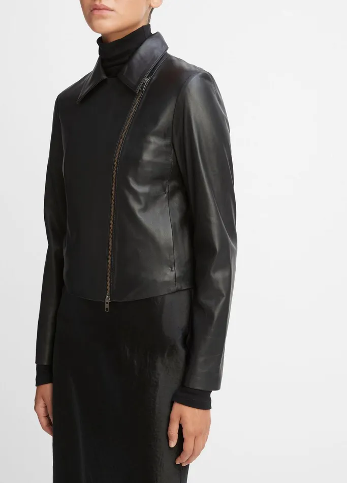 Vince Jackets and Outerwear Women Leather CrossFront Moto Jacket Black
