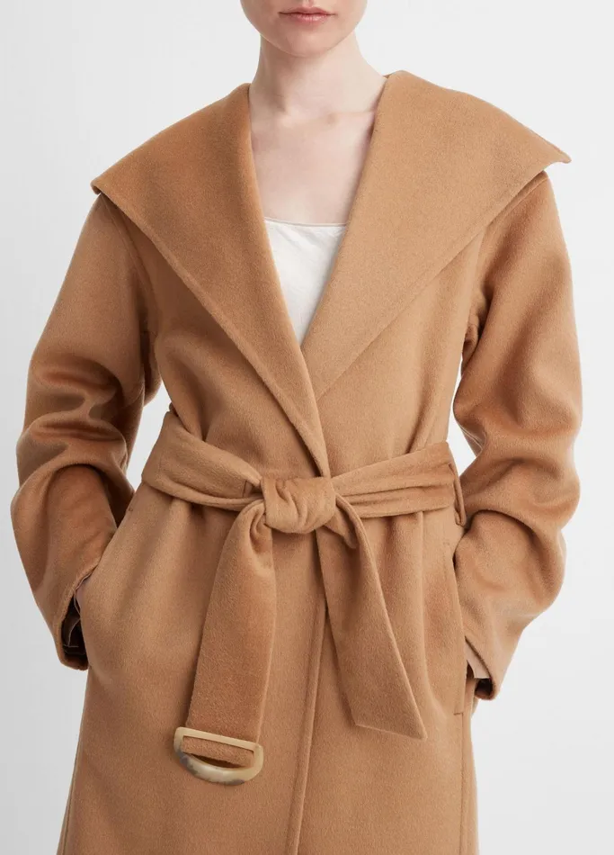 Vince Jackets and Outerwear Women Wool And Cashmere Belted DrapeNeck Coat Almond