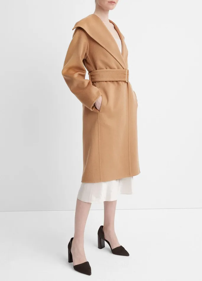 Vince Jackets and Outerwear Women Wool And Cashmere Belted DrapeNeck Coat Almond