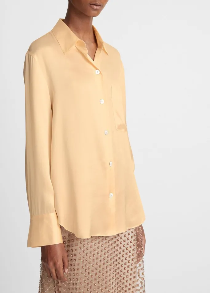 Vince Shirts and Tops Women Silk Relaxed ChestPocket Blouse Pale Ochre
