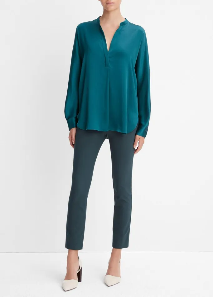 Vince Shirts and Tops Women Silk Satin BandCollar Blouse Deep Kelp
