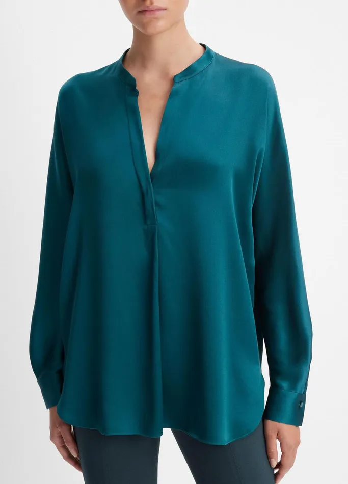 Vince Shirts and Tops Women Silk Satin BandCollar Blouse Deep Kelp