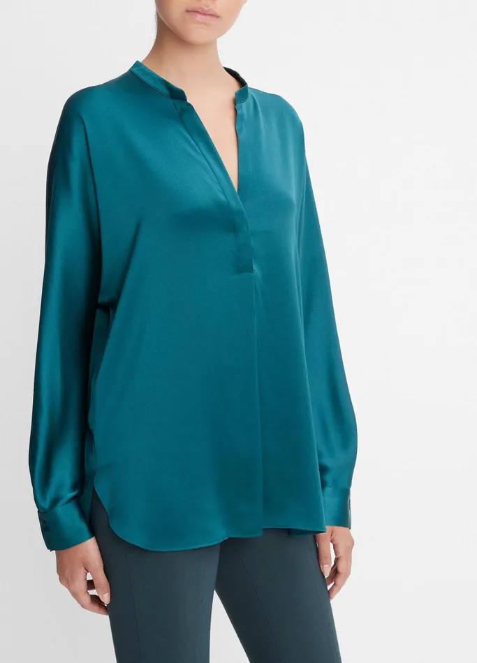 Vince Shirts and Tops Women Silk Satin BandCollar Blouse Deep Kelp