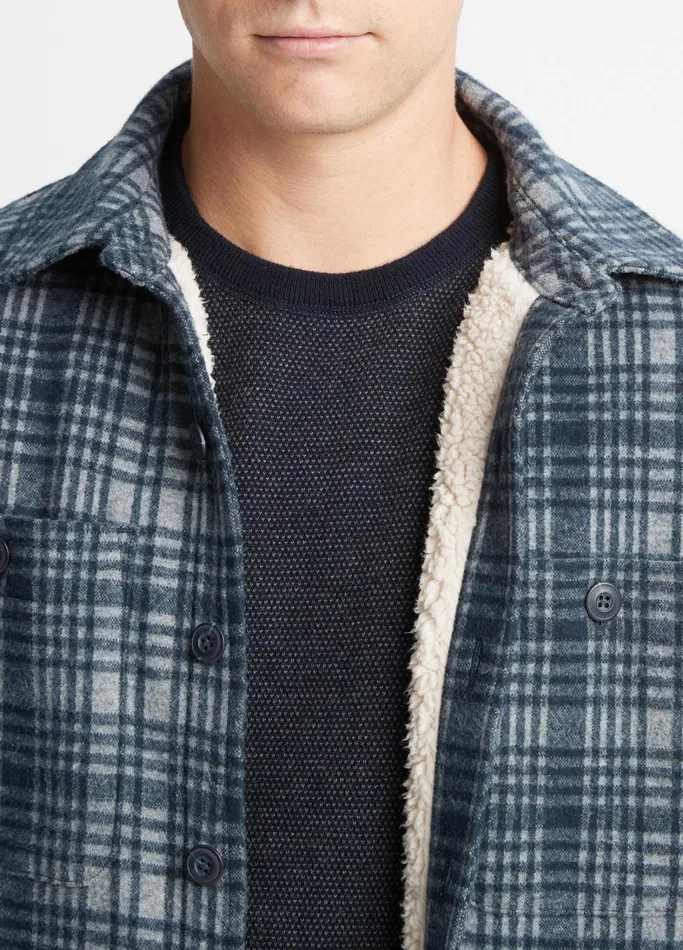 Vince Shirts Men Plaid Sherpa Shirt Jacket Medium Heather Greycoastal Blue