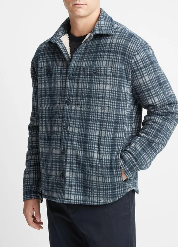 Vince Shirts Men Plaid Sherpa Shirt Jacket Medium Heather Greycoastal Blue