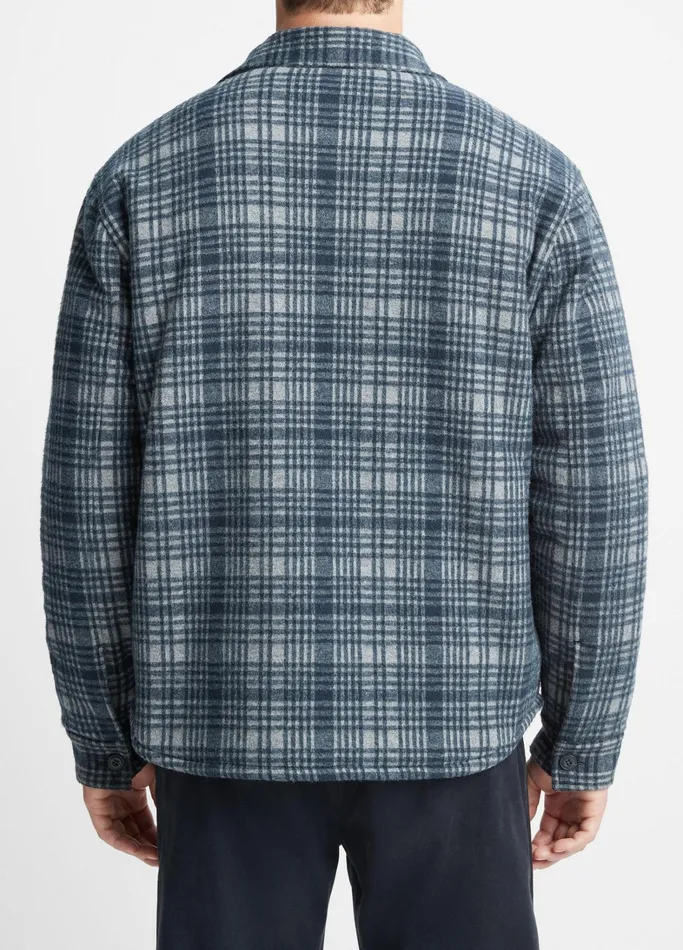 Vince Shirts Men Plaid Sherpa Shirt Jacket Medium Heather Greycoastal Blue