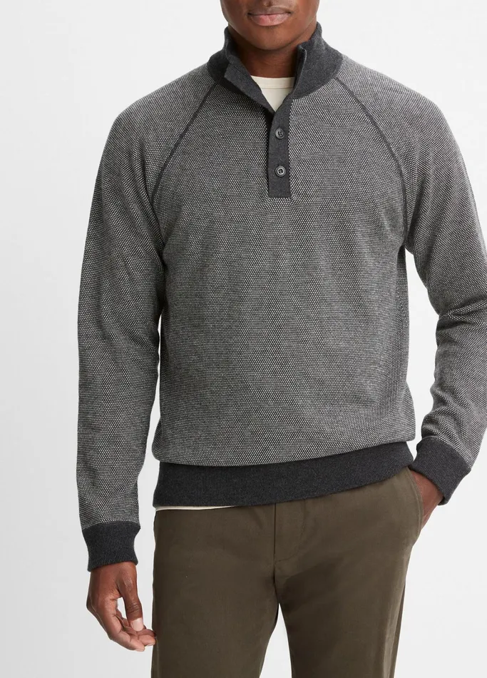 Vince Sweaters Men Birdseye Button Mock Neck Sweater Heather Blackdeco Cream
