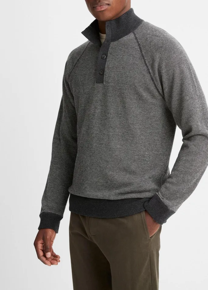 Vince Sweaters Men Birdseye Button Mock Neck Sweater Heather Blackdeco Cream