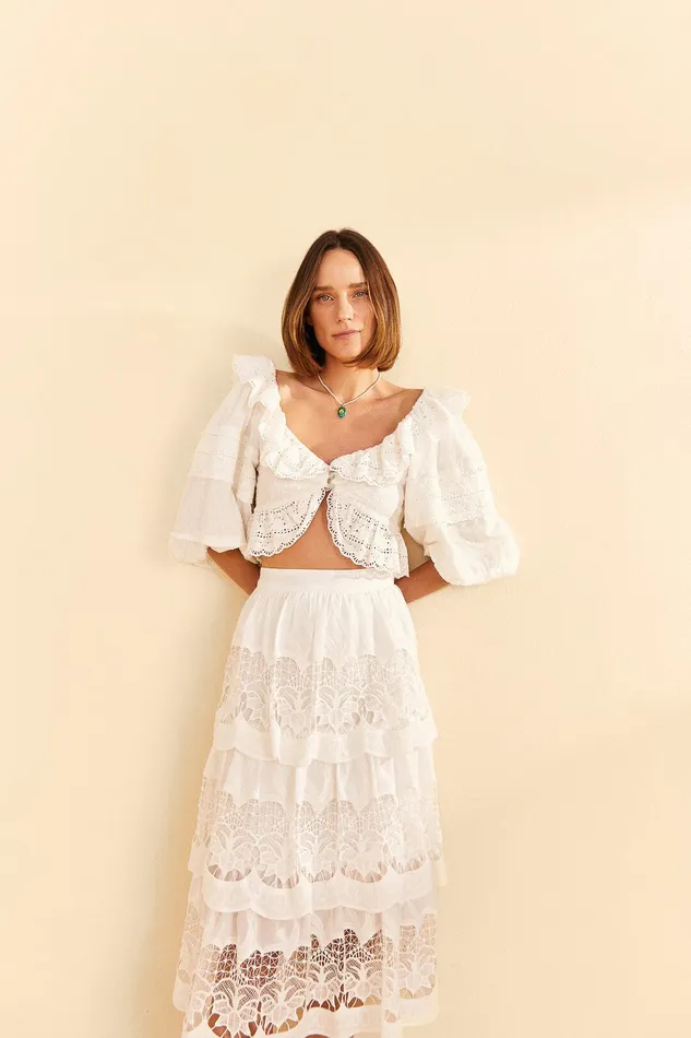 White Lace Midi Skirt Women Farm Rio Skirts