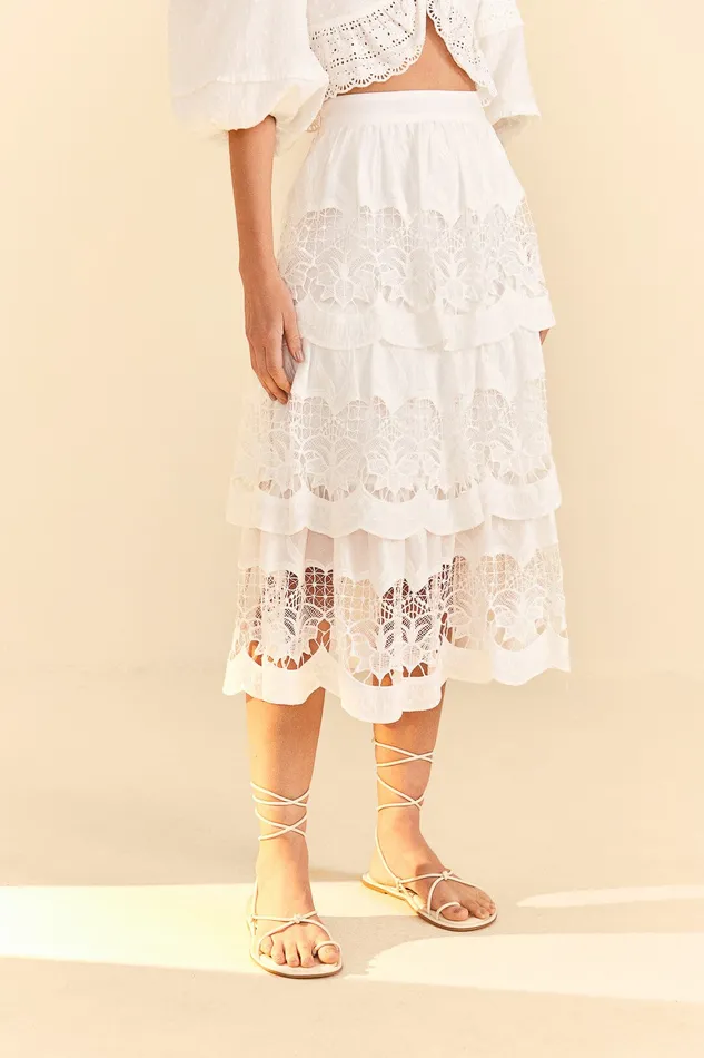 White Lace Midi Skirt Women Farm Rio Skirts