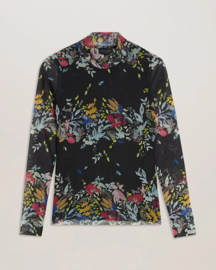 Women AMANDHA 8211 Printed Mesh Top With Sheer Back Black Ted Baker Tops and Blouses