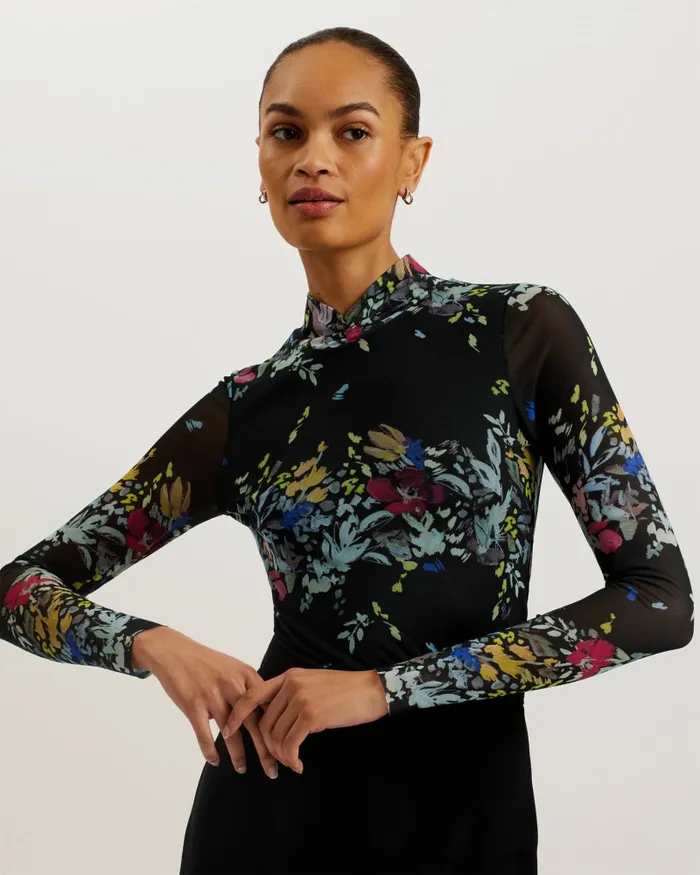 Women AMANDHA 8211 Printed Mesh Top With Sheer Back Black Ted Baker Tops and Blouses