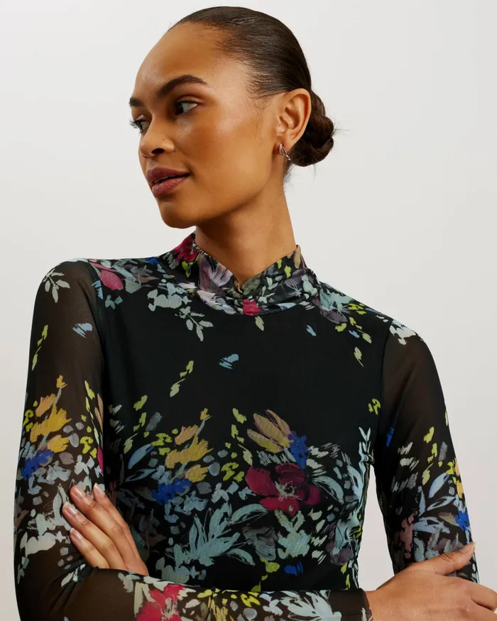 Women AMANDHA 8211 Printed Mesh Top With Sheer Back Black Ted Baker Tops and Blouses