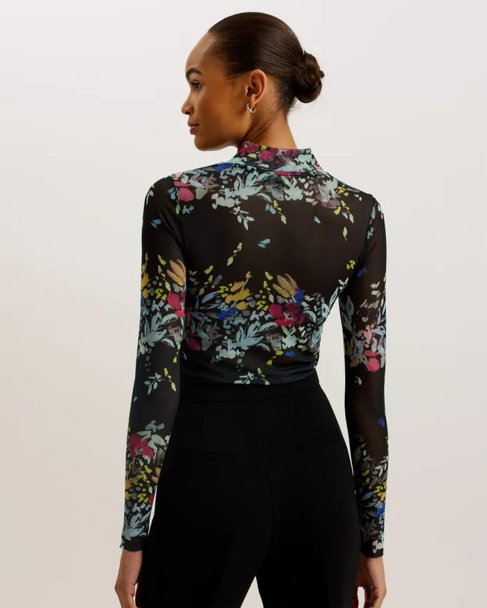 Women AMANDHA 8211 Printed Mesh Top With Sheer Back Black Ted Baker Tops and Blouses